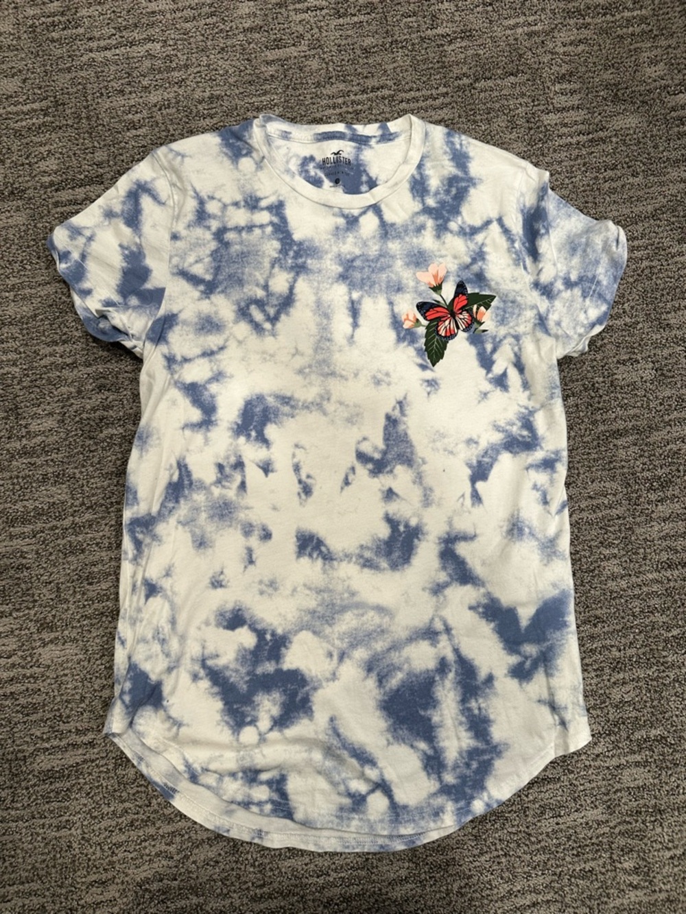 Hollister Blue and White Tie-Dye Curved Hem Tee